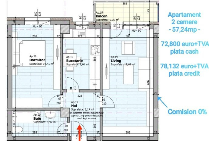 Apartament 2 camere, 57,5mp, decomandat, Panoramic Galata Iasi 0% comision