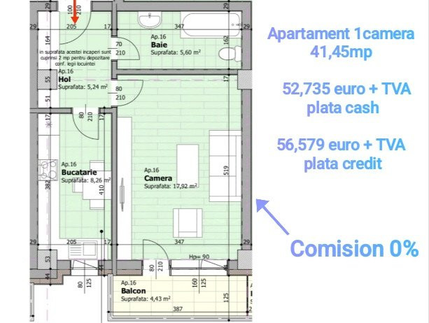 Apartament 1 camera, 41,5 mp, decomandat, Panoramic Galata Iasi 0% comision